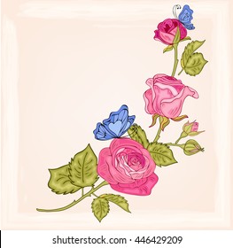 Vector rose flowers with butterflies for design, banners, invitation of the wedding, birthday, Valentine's Day, Mother's Day, gift cards, congratulation. Decorative floral  elements.