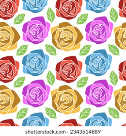 Vector rose flowers flat colors seamless pattern background.