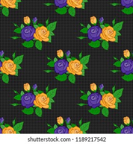Vector rose flowers and green leaves pattern. Can be used for greeting card background, backdrop, textile. Seamless ornament print in green, gray and black colors. Ethnic towel, henna style.