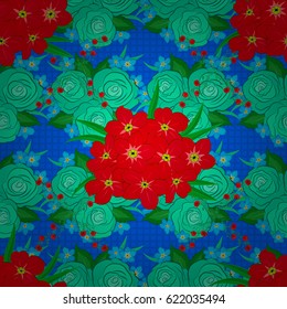 Vector rose flowers and green leaves seamless pattern. Seamless Floral Pattern on a blue background.