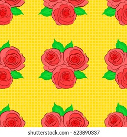 Vector rose flowers and green leaves seamless pattern. Seamless Floral Pattern on a yellow background.