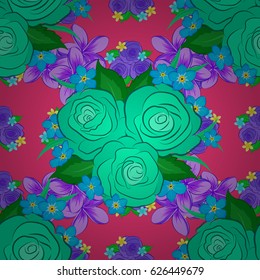 Vector rose flowers and green leaves seamless pattern. Seamless Floral Pattern on a pink background.