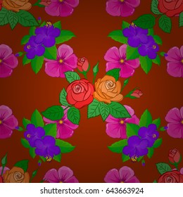 Vector rose flowers and green leaves seamless pattern. Seamless Floral Pattern on a brown background.