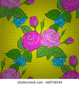 Vector rose flowers and green leaves seamless pattern. Seamless Floral Pattern on a yellow background.
