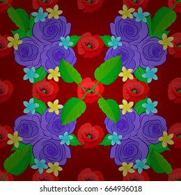 Vector rose flowers and green leaves seamless pattern. Seamless Floral Pattern on a red background.