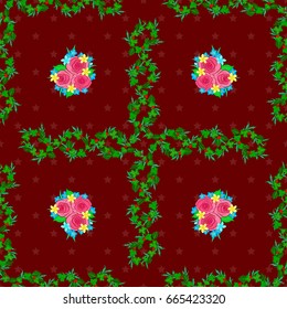 Vector rose flowers and green leaves, stamps, keys. Vintage seamless pattern on a red background.