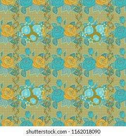 Vector rose flowers and leaves seamless pattern. Seamless Floral Pattern in green, yellow and blue colors.
