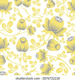 Vector rose flowers with leaves seamless pattern in trendy colors Pantone 2021 Illuminating yellow, Ultimate Gray