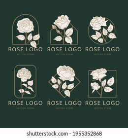 Vector rose flowers logo design. Nature logo collection in linear style, monogram template concept - floral frame emblem for fashion, trademark, packaging, social networks, spa. Linear rose logotype.
