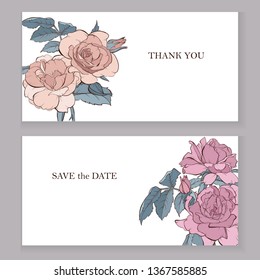 Vector rose flowers on the card. Wedding background card. invitation elegant card illustration graphic set banner. Engraved ink art.