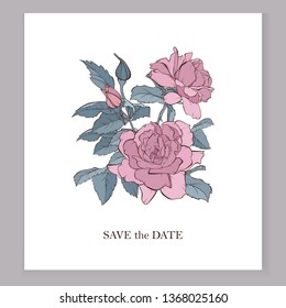 Vector rose flowers on the card. Wedding background card. invitation elegant card illustration graphic set banner. Engraved ink art.