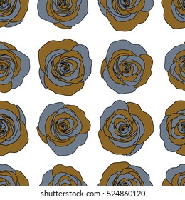Vector rose flowers seamless pattern. Hand painted illustration in blue and yellow colors on a white background.