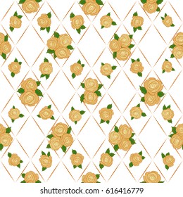 Vector rose flowers seamless pattern in orange and beige colors. Many cute rose flowers on a white background.