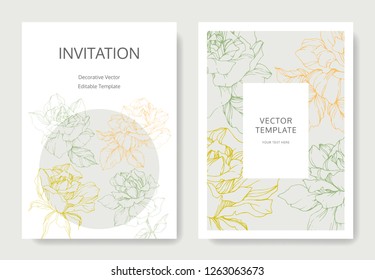 Vector Rose flowers. Wedding background card floral border. Thank you, rsvp, invitation elegant card illustration graphic set banner. Orange, green and yellow engraved ink art.