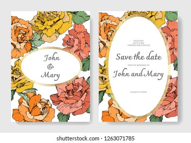 Vector Rose flowers. Wedding background card floral border. Thank you, rsvp, invitation elegant card illustration graphic set banner. Orange, green and yellow engraved ink art.