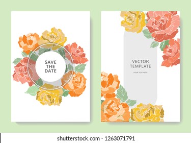 Vector Rose flowers. Wedding background card floral border. Thank you, rsvp, invitation elegant card illustration graphic set banner. Orange, green and yellow engraved ink art.