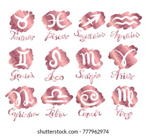 Vector rose gold colored glitter collection of zodiac signs on white background.