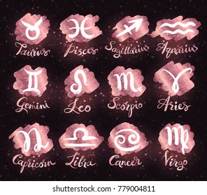 Vector rose gold colored glitter collection of zodiac signs with lettering on dark background.