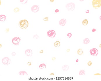 Vector rose gold hand drawn circle  decoration for party invitation card. Birthday vector illustration. Gold, pink and rose color round confetti dots, circles scatter on white. 