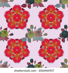 Vector rose icon. Abstract spring decorative roses seamless pattern in orange and red colors.