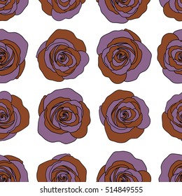 Vector rose icon. Abstract spring decorative roses seamless pattern in brown and violet colors.