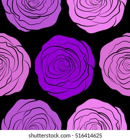 Vector rose icon. Abstract spring decorative roses seamless pattern in violet, black and pink colors.