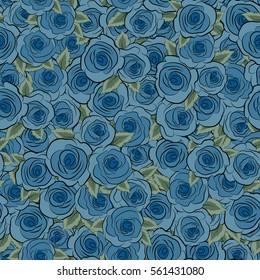 Vector rose icon. Abstract spring decorative roses seamless pattern in blue colors.