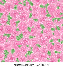 Vector rose icon. Abstract spring decorative roses and green leaves seamless pattern in pink and beige colors.