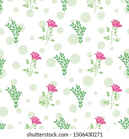 Vector rose and leaf with polka dots texture seamless pattern background