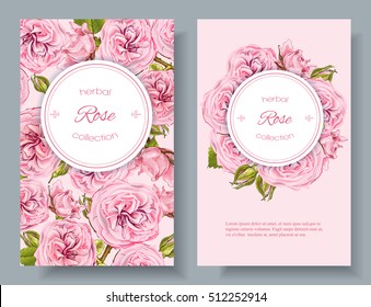 Vector rose natural cosmetic vertical banners on pink background. Design for cosmetics, make up, beauty salon, natural and organic products, health care products,aromatherapy. With place for text