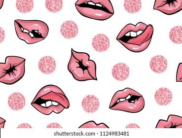 Vector rose, natural womans lips seamless pattern. Cosmetics and makeup lips characters, expressing emotions: smile, kiss, half-open mouth, biting lip, lip licking. Pattern with fluffy circles peas