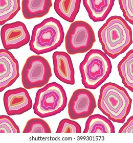 Vector Rose Pink Crystal Seamless Pattern On White. A Slice Of Geode Stone Minerals Or Thunder Egg. Magenta Red With Gold Shimmer Streak.