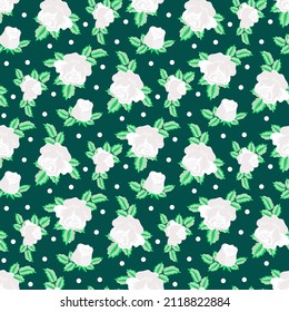 Vector - rose with polka dots and leaves. Seamless pattern template.