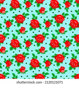Vektor - Rose mit Polka Punkte und Blätter. Nahtlose Mustervorlage.