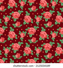 Vector - rosa con puntos de polka y hojas. Plantilla de patrón sin problemas.