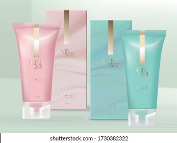 Vector Rose & Turquoise Color Beauty Tube Packaging with Semi Transparent Frosted Plastic Screw Cap. Marble Pattern Carton Box.