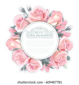 Vector Rose wreath. Template for wedding invitation, greeting card, banner, gift voucher for woman, etc. Quality watercolor imitation. Not trace
