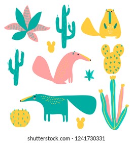 vector rose yellow blue ant-eater animal and cactus plant of South America element set on white for stickers paper cloth