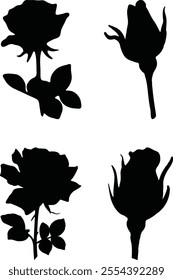 Vector roses and bud silhouettes. Leaves and flowers design elements on white background.