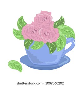 Vector roses in a cup. Blue flowerpot.