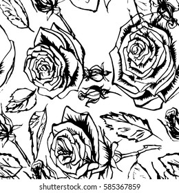 Vector roses floral pattern flowers graphic background. Silhouette floral pattern blossom roses and buds.