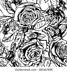Vector roses floral pattern flowers graphic background black and white. Silhouette floral pattern blossom roses and buds.