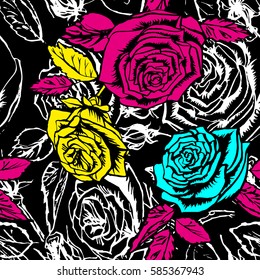 Vector roses floral pattern flowers graphic on a black background. Silhouette floral pattern blossom roses and buds.