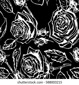 Vector roses floral pattern flowers graphic background. Silhouette floral pattern blossom roses and buds.