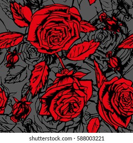 Vector roses floral pattern flowers graphic background on a gray color. Silhouette floral pattern blossom roses and buds.