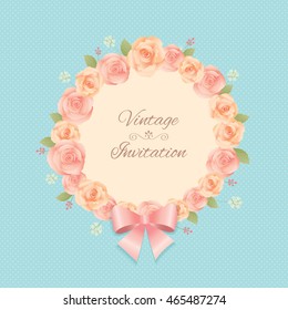 Vector of roses flowers bouquet wreath for invitation with vintage style.Blue cyan background colors.