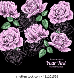 Vector roses flowers horizontal frame pattern background . Invitation or greeting card design.Vector illustration