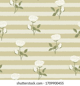 Vector Roses Flores en blanco con hojas verdes en rayas beige Patrón de repetición sin problemas. Antecedentes para textiles, tarjetas, manufactura, papel pintado, papel, envoltura de regalo y reserva de chatarra.