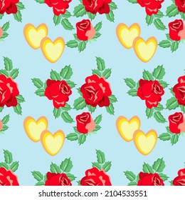 Vector - roses with hearts.
Seamless pattern illustration.