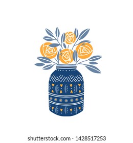 Vector roses in jar. Folk art illustration. Scandinavian design, floral composition.  Swedish and Norwegian motives